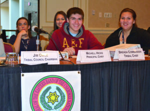 EBCI youth participated in a Mock Council on Wednesday, Feb. 6 at the USET Impact meeting in Washington.  Shown are Tagan Crowe (front left), Callie Phillips (front right), Darren Swayney (back left) and Elle Bradley (back right).   (USET photo) 