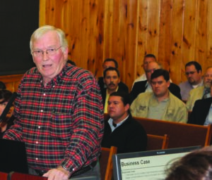 John Houser, TCGE Board, speaks during a public meeting held in the Council House on the night of Monday, March 18 to discuss the Cherokee County casino proposal.  (SCOTT MCKIE B.P./One Feather)