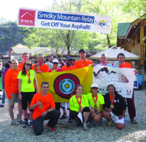 Members of the Cherokee Runners participated in the Smoky Mountain Relay on April 19-20.  Shown (left-right) front row – Charlie Myers, Katie Murchison Ross, Tracie Winters and Skye Littledave; back row – Julie Lambert, Amanda Lappas, John Volger, Terry Smith, Susan Paul, Gideon Lewis, Seth Holling, Chad Bowman and John Ross.  (Photo courtesy of Gerri Grady) 