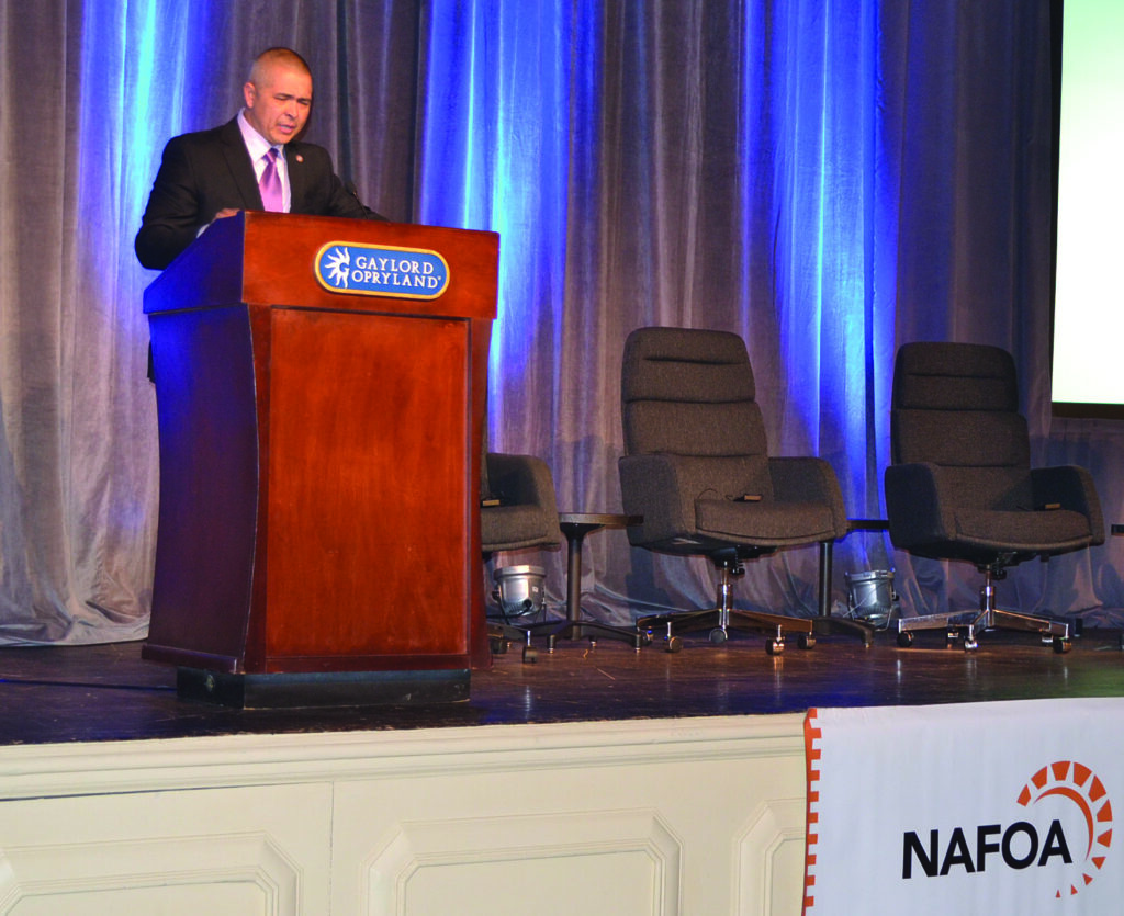 Principal Chief Michell Hicks addresses the crowd at the Native American Financial Officers Association Conference held April 18-19 in Nashville, Tenn.  (USET photos)