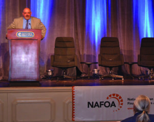 Big Cove Rep. Perry Shell speaks to NAFOA about the importance of maintaining the Tribal language, culture and traditions.  He also introduced a video of Kituwah Language Academy students singing the Cherokee Morning Song as a welcome to NAFOA attendees.  