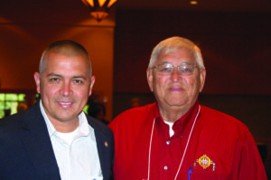 Principal Chief Michell Hicks (left) welcomed Eddie Tullis, a Tribal Council member from the Poarch Creek Band of Creek Indians, at the VA Eastern Region Training Summit held in Cherokee on May 6-7.  (LYNNE HARLAN/EBCI Public Relations photos) 