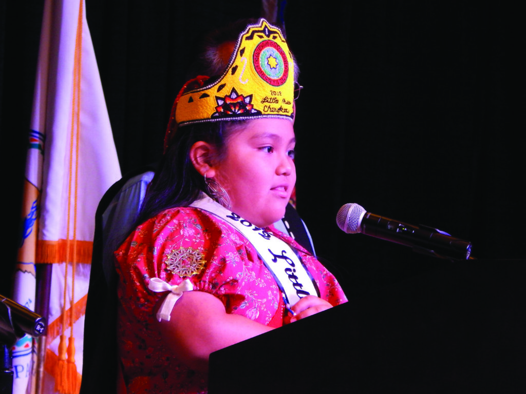 Little Miss Cherokee Marcela Garcia introduces herself at the NCAI Conference in Reno, Nev.  (Photos courtesy of Melissa Garcia) 