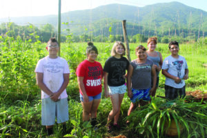 Some of the Cherokee Youth Garden participants are shown at their garden at the Kituwah on the morning of Tuesday, July 23 including (left-right) Sterling Santa Maria, Jaicee Beck, Avery Guy, Chely Guzman, Me-Li Jackson, and Jayden Crowe.  (SCOTT MCKIE B.P./One Feather) 