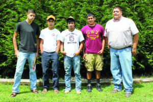 Shown (left-right) are Zachary Smith, Michael George, Kobe Toineeta, Kennan Panther and Travis Smith.  (CBC photo) 