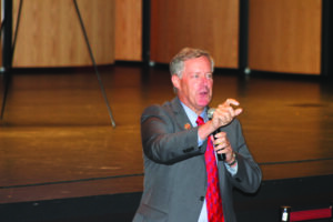 Congressman Mark Meadows (R-NC) fields questions during a Town Hall meeting he hosted at the Chief Joyce Dugan Cultural Arts Center in Cherokee on Thursday, Aug. 22.  (SCOTT MCKIE B.P./One Feather) 