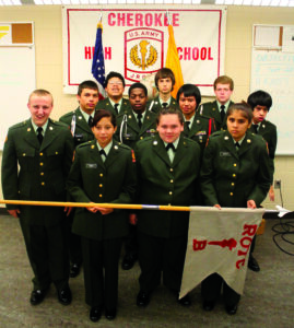 CHS JROTC Bravo Company is shown (left-right) front row – Nathan Gaddis, Aubrey Little, Courtney George, Shuandell Locust; middle row – Kenny Griffin, T.D. Dennis, Kyle Watty, Daniel Tramper; back row – James George, Joshua McCoy and Austin Smith. (CHS photo) 