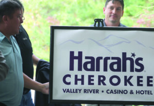 Yellowhill Rep. David Wolfe (left) and Birdtown Rep. Albert Rose help unveil the name of the new casino.  