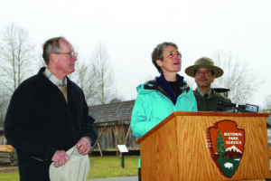 Secretary of the Interior Sally Jewell (at podium) speaks during her visit to the Great Smoky Mountains National Park as Sen. Lamar Alexander (R-Tenn.), left, and acting Smokies superintendent Pedro Ramos look on.  (NPS photos)