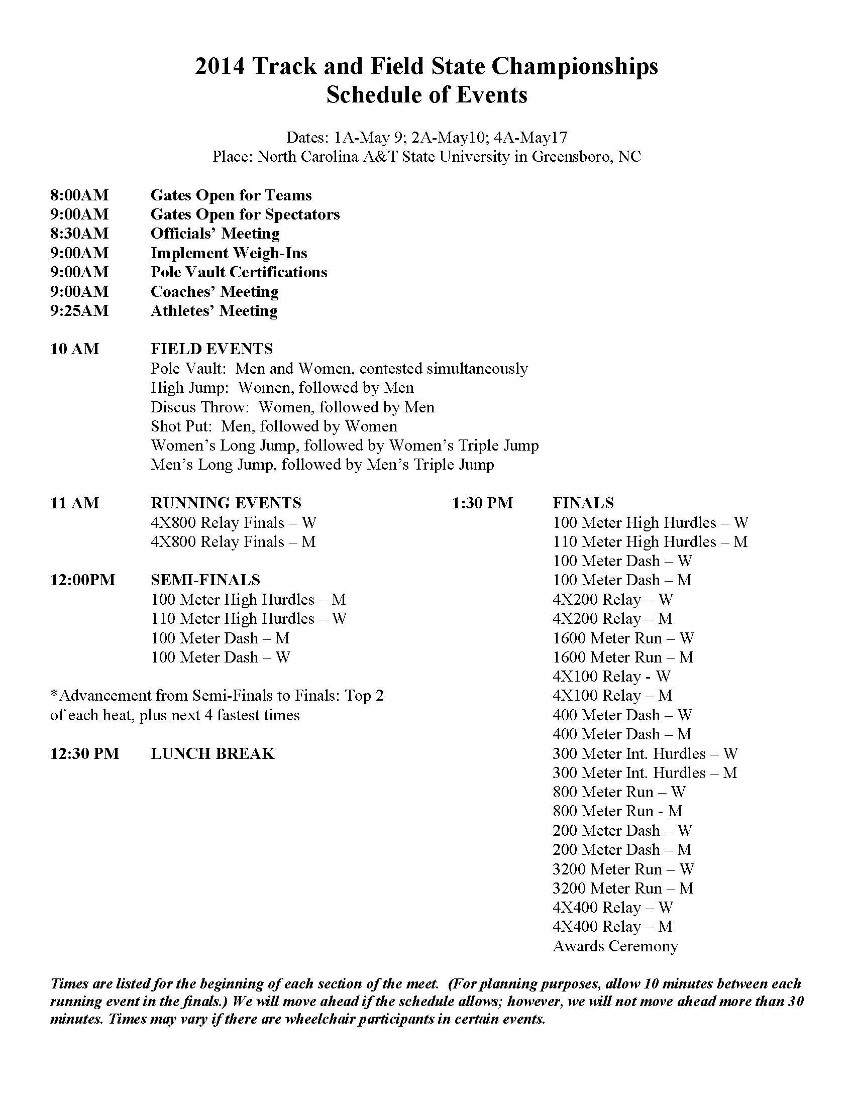 2014 State Meet Time Schedule
