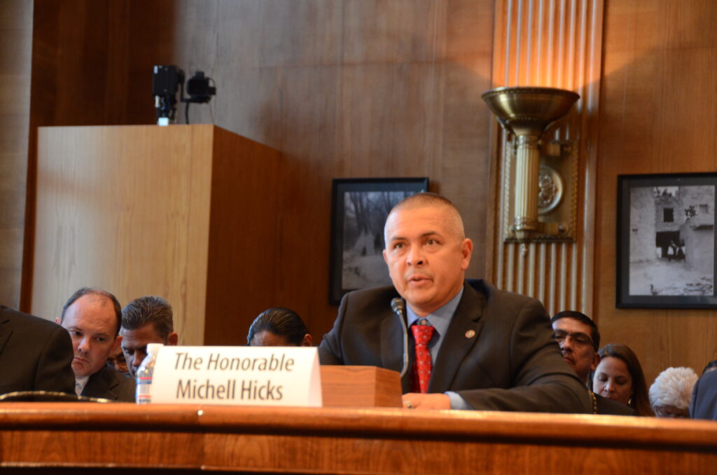 Principal Chief Michell Hicks testifies during a Senate Committee of Indian Affairs hearing on the benefits of Indian Gaming on Thursday, July 24.  (Photo courtesy of Senate Committee of Indian Affairs) 