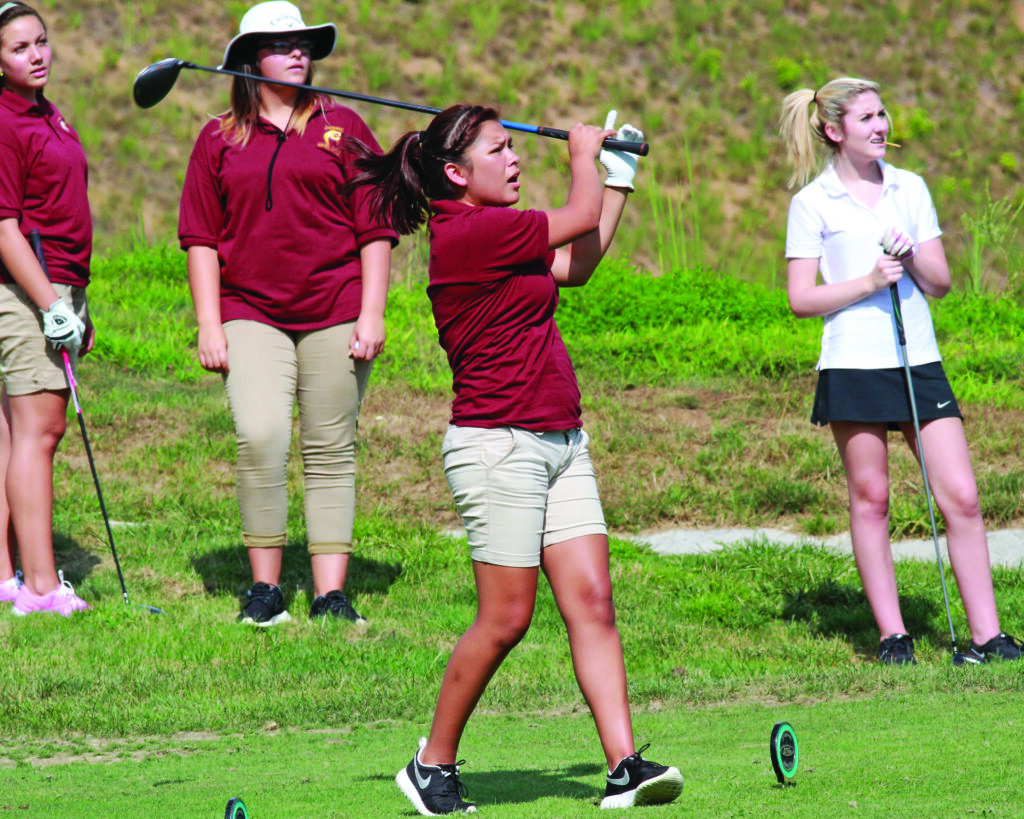 Bree Stamper watches her tee shot sail during a match at Sequoyah National Golf Club against the Highlands Lady Highlanders on Monday, Aug. 25.  (AMBLE SMOKER/One Feather) 