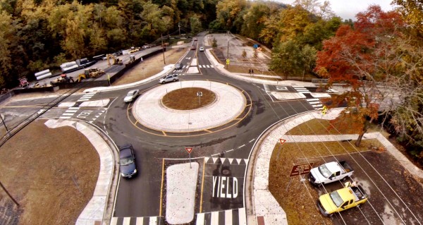 An aerial photo shows the new roundabout just installed on Acquoni Road.   (Drone photo courtesy of EBCI IT Dept.) 