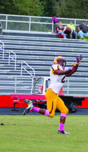 Isaiah Evans (#2), JV Braves running back, runs under a Tye Mintz bomb for a 93-yard touchdown pass in the first quarter.  