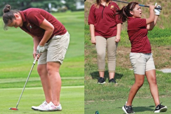 Peri Wildcatt (left) and Bree Stamper, Lady Braves golf team members, have qualified for the 1A State Championship scheduled for Monday, Oct. 27 at Foxfire Resort and Golf Club in Foxfire Village.  (AMBLE SMOKER/One Feather photos) 