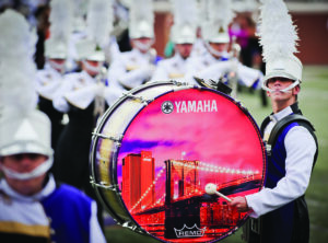 The drumheads of the Pride of the Mountains Marching Band are adorned with an image of the New York skyline. (Photo by Ashley T. Evans/WCU)