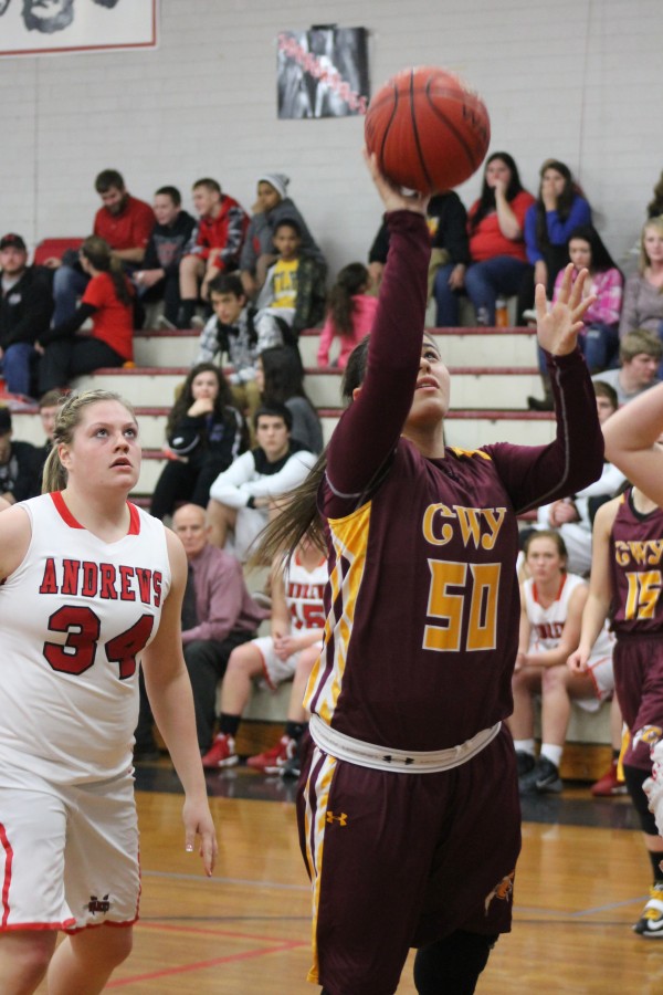 Timiyah Brown (#50), Lady Braves freshman forward, takes a shot in the first half of a game at Andrews on Friday, Jan. 23.  She led Cherokee with 15 points as the Lady Braves won 69-44 and moved to 17-0 on the season.  (SCOTT MCKIE B.P./One Feather) 