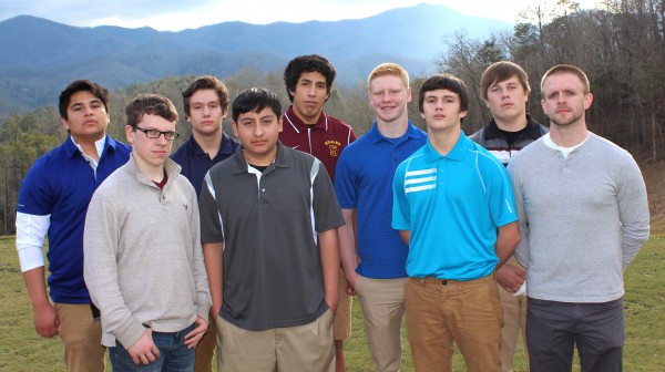 The 2015 Braves golf team is shown (left-right) back row: Justin Brady, Steven Straughan, Simon Montelongo, Lukus Woodard and Christian Ensley; front row - Trevor Cagle, John Lossiah, Holden Straughan and Head Coach Andrew Maney.  (AMBLE SMOKER/One Feather photos) 