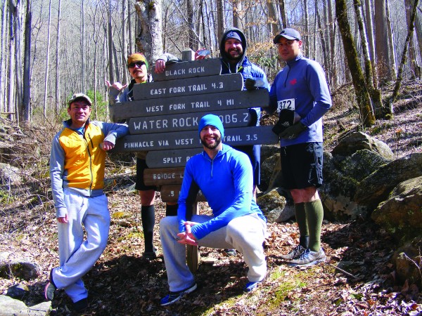 Members of the Cherokee Runners finished the Fifth Annual Assault on Blackrock including (left-right) Jimmy Oocumma, Cherokee Runners president; Seth Holling; Michael Henson, Cherokee Runners vice president; Jeremy Hyatt; Chad Cooper; and Michael Henson.  (Photo by Sharon Bradley) 