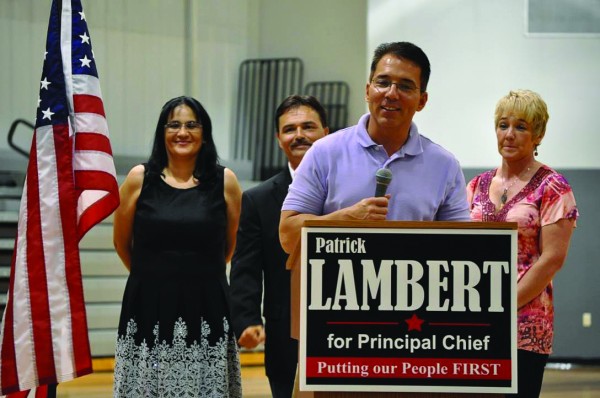 Vice Chief-elect Richie Sneed addresses a crowd at an election rally on Thursday, Sept. 3 after the results were announced. Shown behind him are First Lady-elect Cyndi Lambert, Principal Chief-elect Patrick Lambert, and Sneed’s wife, Trina. 