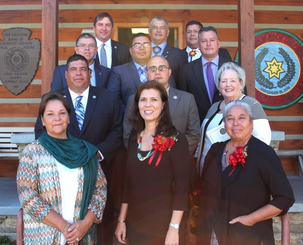 The 2015-17 Tribal Council sworn in at the Inauguration on Monday, Oct. 5 included (left-right): first row - Big Cove Rep. Teresa McCoy, Yellowhill Rep. Anita Lossiah and Painttown Rep. Marie Junaluska; second row - Chairman Bill Taylor, Wolftown Rep. Bo Crowe and Painttown Rep. Tommye Saunooke; third row - Big Cove Rep. Richard French, Cherokee County - Snowbird Rep. Adam Wachacha and Vice Chairman Brandon Jones; back row - Birdtown Rep. Albert Rose, Yellowhill Rep. B. Ensley and Birdtown Rep. Travis Smith. (AMBLE SMOKER/One Feather photos)