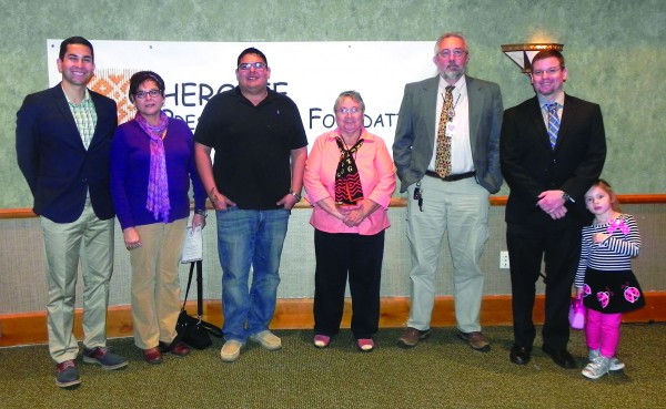 2015 Cherokee Youth Council Advisors are shown (left-right) - Joey Owle, Tammy Jackson, Kevin Jackson, Carmaleta Monteith, Ralph Wright-Murphy, and Matt Hollifield and his daughter Ruby. 