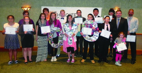 Those receiving 2015 Youth Council Awards are shown (left-right) front row – Mary Driver, Evie Cotterman, Hayley Keever, Naomi Smith, Nola Pina, Ayden Evans, Dallas Bennett, Matt Hollifiend and daughter Ruby; back row - Tammy Jackson, Michelle Evans, Jackson Warshaw, Seth Ledford, Jullian Rubio, Hannah Ledford, and David Keever. (Photos by Sky Sampson/Cherokee Youth Council)