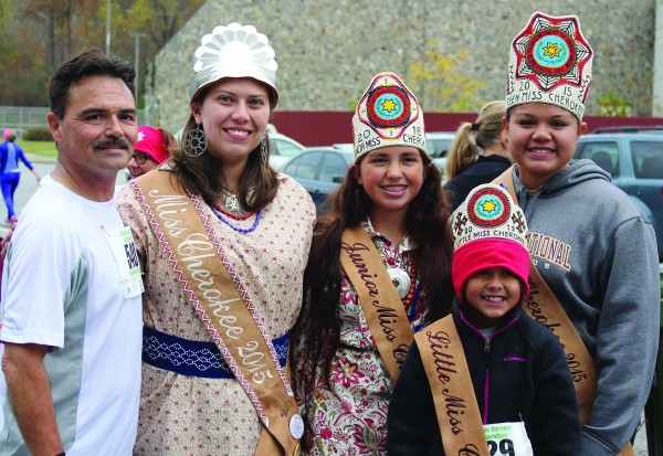 Miss Cherokee 2015 Taran Swimmer (2nd from left) is shown at the Harvest 5K and Half-Marathon in Cherokee in Saturday, Oct. 31. Shown (left-right) are: Principal Chief Patrick Lambert, Swimmer, Junior Miss Cherokee Abigail Taylor, Little Miss Cherokee Madison Ledford and Teen Miss Cherokee Blake Wachacha. (Photo courtesy of Tina Swimmer) 