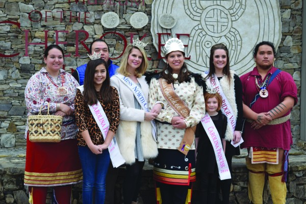 Miss Cherokee 2015 Taran Swimmer (4th from right) visited the Museum of the Cherokee Indian with several visiting royalty on Thursday, March 3. Shown (left-right) are Dakota Wilnoty, Cherokee Friend; Tsini McCoy, an EBCI tribal member and Asheville Blue Ridge Valley Carolina Princess 2016; Bo Taylor, Museum of the Cherokee Indian executive director; Kate Peacock, Miss North Carolina 2016; Swimmer; Teya (last name not given), Asheville Blue Ridge Valley Carolina Princess 2016; Jordan West, Miss Blue Ridge Valley 2016; and Last Bear Wilnoty, Cherokee Friend. (Photo by Tina Swimmer) 