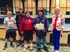 Cherokee Middle School Robotics team took first place at the recent STAC competition.  They are shown (left-right) - Adam Reed, Dreyton Long, Maya Cruz, Kylan Pheasant and Linda Dills.  (Photo courtesy of Bette Fitzgerald, CMS STAC sponsor)