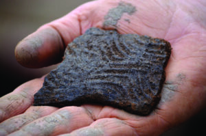 The photo shows a piece of fired clay, with artful coils and swirls, that was found during an excavation on March 10. (Photo by Holly Krake/USFS)