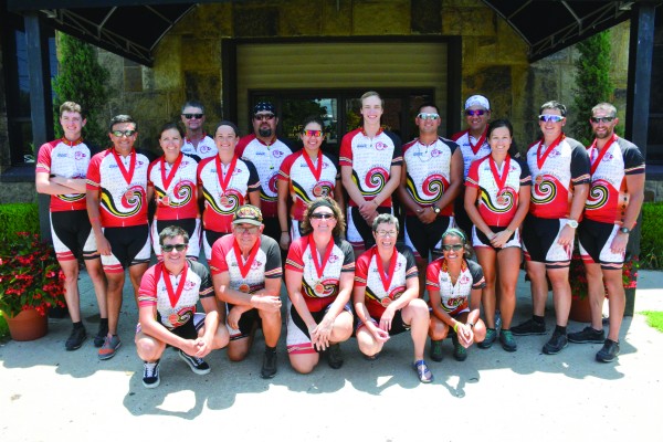 The 2016 Remember the Removal Riders are shown (left-right) at the completion of their journey in Tahlequah, Okla. on Thursday, June 23: kneeling - Jack Cooper, Sammy Houseberg, Stacy Leeds, Marisa “Sis” Cabe and Nikki Lewis; standing - Blayn Workman, Cole Saunooke, Amber Anderson, Tom Hill, Amicia Craig, Tosh Welch, Stephanie Hammer, Glendon VanSandt, Aaron Hogner, J.D. Arch, Kelsey Girty, Kylar Trumbla and Kevin Jackson.