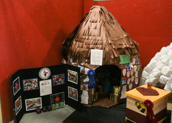 1st Place Prize of $1,000 went to the Cherokee Elementary 1st Grade Block – Recycled Cardboard Council House with little people milk cartons inside.  (SCOTT MCKIE B.P./One Feather) 